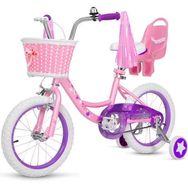 Hykolity 14-Inch Kids Bike for Girls Ages 3-7, Flesh Pink, with Training Wheels, Doll Seat, Basket, Adjustable Saddle, Dual Brakes, Pink