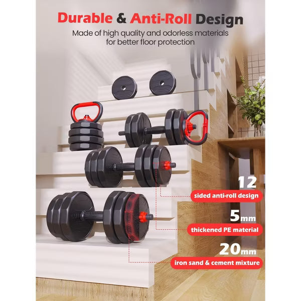 FED FITNESS 90LBS Adjustable Dumbbell Set, 5-in-1 Free Weight Set with Barbell Connector,Kettlebell,Push-Up Stand and Weight Plates for Home Gym