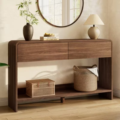 AMERLIFE 55" Modern Console Table with 2 Storage Drawers and Open Shelf, Rounded Edges, Brown