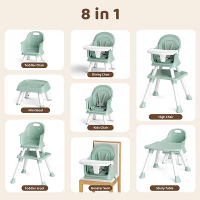 Kinder King 8 in 1 Baby High Chair, Coverts to Dining Booster Seat, Removable Tray & Double Seat Cover, Easy to Wipe, White & Green