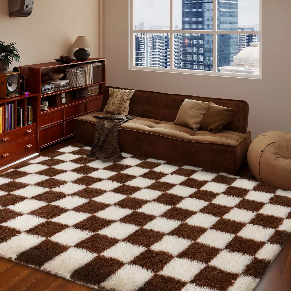 LOVEVOOK Black and Brown Checkered Rugs for Living Room, 5x7ft Area Rugs Non-Slip Shag Fluffy Rug, Carpet for Bedroom, Dorm Home Decor Aesthetic