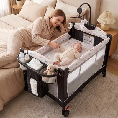 Kinder King 4-in-1 Portable Baby Pack and Play Bedside Crib with Bassinet, Changing Table, Storage Basket, Side Zipper & Travel Bag, Rainbow