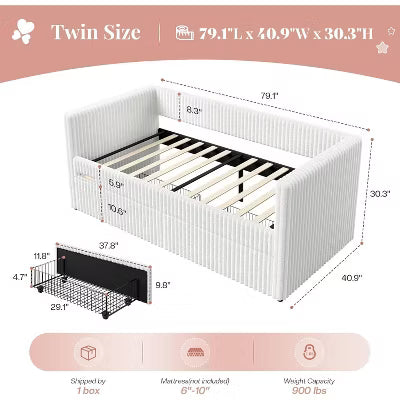 AMERLIFE Twin Daybed with 2 Storage Drawers, Corduroy Upholstered Sofa Bed with Charging Station & Night Light, Cream