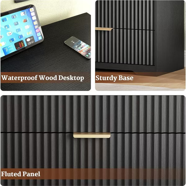 Qwatto Black 3 Drawer Nightstand Fluted Wood Bedside Table Modern Storage Cabinet Wide Bedroom Dresser Accent Furniture Large 27 Inch Chest Organizer