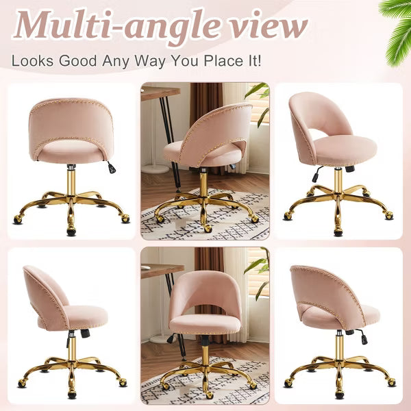 Karl Home | Modern Velvet Desk Chair with Wheels Gold Base Swivel Chair Ergonomic Task Chair for Home Office Small Computer Chair Vanity Chair