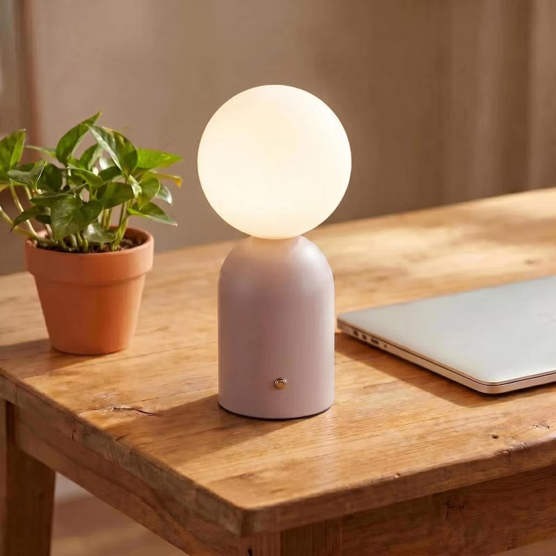 Opal White Glass Pink Metal Rechargeable Table Lamp, Cordless Blush Bedside Light, Romantic LED Vanity Lamp for Dorm Bedroom Girls Room