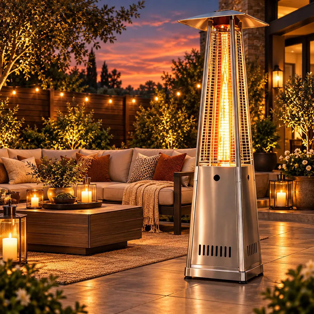 LAUSAINT HOME 48000 BTU Pyramid Patio Heater All Stainless Steel with Quartz Glass Tube Tip Over Protection Cover and Wheels
