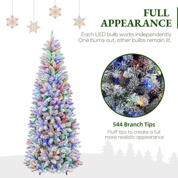 VIVATREES 6ft Prelit Artificial Christmas Tree Slim Snow-Flocked with Dual Color Featuring 10 Lighting Modes Metal Stand Hinged Holiday Pine