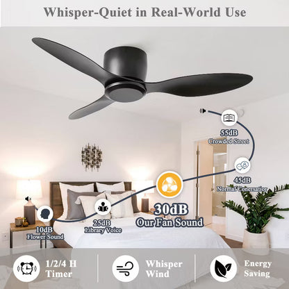Wanze of Ocean 42 In. Indoor 3 ABS Blade Ceiling Fan, Reversible DC Motor, 6 Speeds, App Control For Bedroom Living Room and kitchen, Black