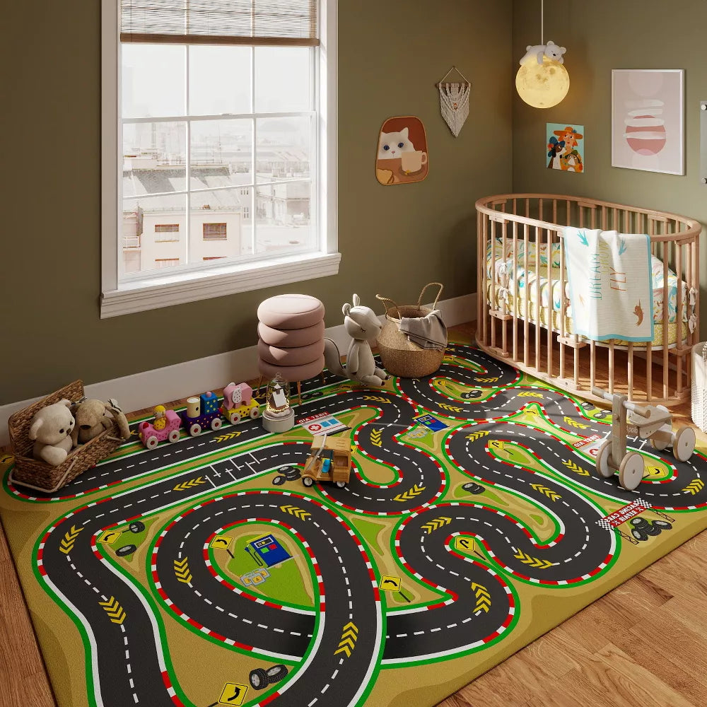 LOVEVOOK Car Rug Play Mat for Kids Toy Cars, Playmat for Kid Bedroom, Non-Slip Machine Washable Town City Race Track Carpet 4x5 Feet