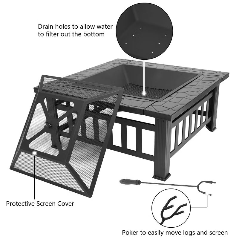 Karl Home 32" Square Wood Burning Fire Pit – Heavy Duty Iron, Black, Outdoor Patio Backyard Bonfire