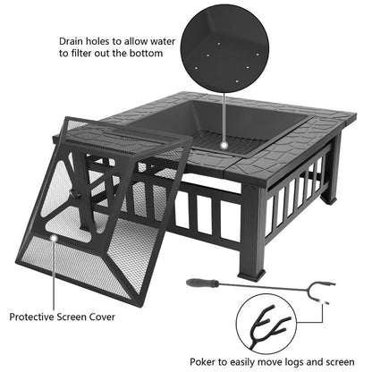 Karl Home 32" Square Wood Burning Fire Pit – Heavy Duty Iron, Black, Outdoor Patio Backyard Bonfire