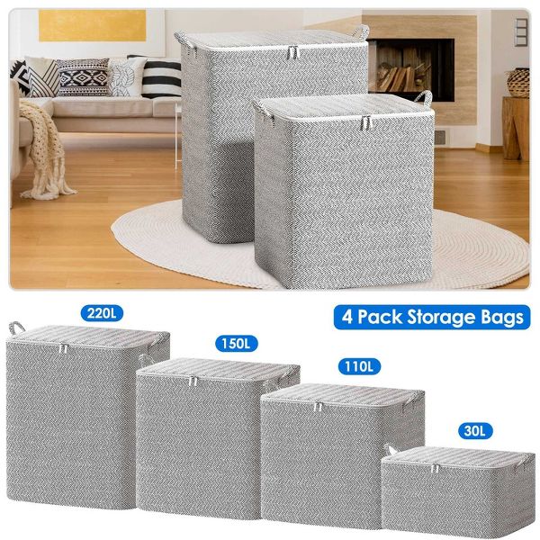 4 Pack Foldable Non Woven Storage Bags Closet Organizers Wardrobe Sorting Baskets with 2 Handles Dustproof Lid Zippe 30L 110L 150L 220L