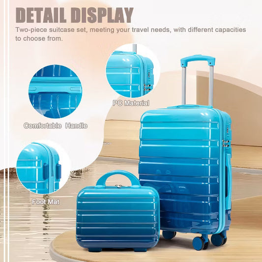 14"/20" 2 pcs/set in PC Spinner Wheel Luggage, Carry on Kid Suitcase, Kid Suitcase wheel, With Gradient Color and Combination Lock(Navy+Light Blue)