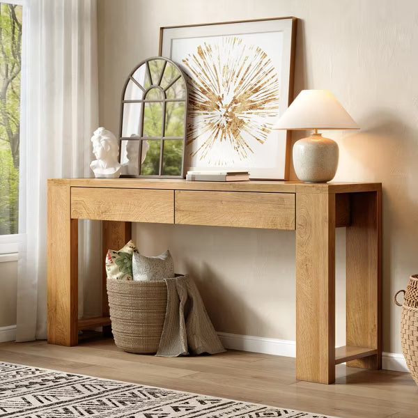 Qwatto 60 Inch Console Table Modern Entryway Storage Table with 2 Drawers Long Sofa Table Behind Couch for Living Room Hallway Foyer Natural Oak