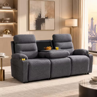 AMERLIFE 81.5" 3-Seat Power Reclining Sofa with Flip-Down Console, Dark Gray