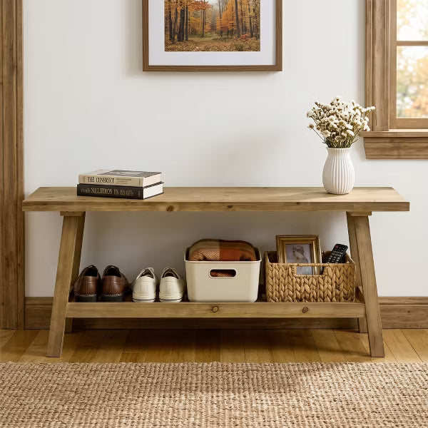 43in Farmhouse Entryway Bench Solid Wood Storage Bench with 2 Tier Shelf Rustic Shoe Bench for Hallway Living Room Bedroom Apartment Furniture