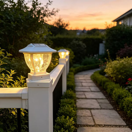2 Pack Solar Glass Post Cap Lights, Dusk-to-Dawn 30 Lumens Warm White LED Outdoor Fence Deck Post Lighting, White Finish Fits 4x4/5x5/6x6 Posts