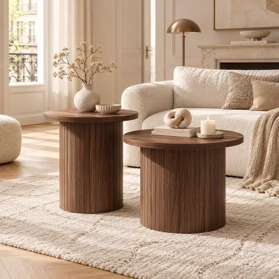 AMERLIFE 2-Piece Round Nesting Coffee Table Set with Fluted Pedestal Base, Walnut