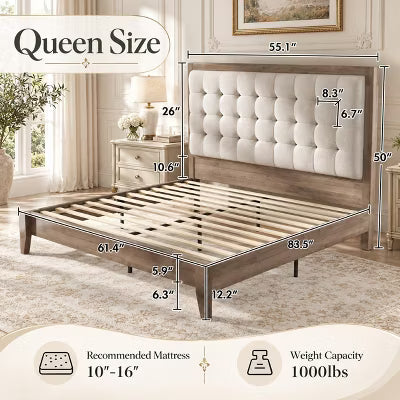 AMERLIFE Queen Solid Wood Platform Bed with 50" Tufted Wingback Headboard, Ash Gray