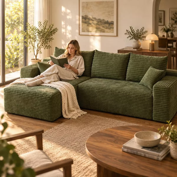 107" Cloud Sectional Sofa, Modern L-Shaped Corduroy Couch for Living Room, Deep Seat Minimalist Corner Couches, No Assembly