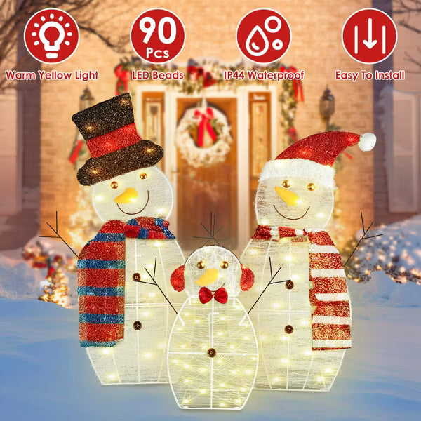3Pcs 2D Christmas Snowman Yard Decoration Snowman Family Outdoor Decoration With 90Pcs LED Warm Yellow Lights 8 Lighting Modes IP44 Waterproof