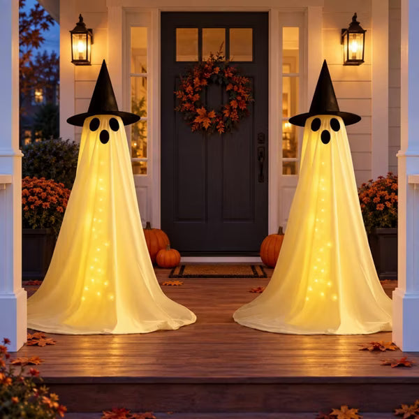 LauKingdom 60" White 2-Pack Lighted Halloween Ghost Decorations with Remote and 6-Hour Timer for Porch, Yard and Indoor Parties