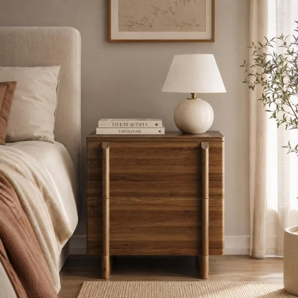 Walnut Nightstand with 2 Drawers, Mid-Century Modern Bedside Table with Rounded Corners and Wood Handles for Bedroom, Living Room