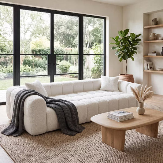 102.7" Marshmallow Cloud Boucle Sofa - Modern 4-Seater Cushioned Compressed Foam Couch, Cloud White
