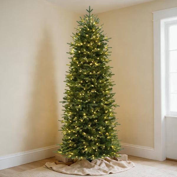 VIVATREES 7.5ft Pre-lit Christmas Tree Slim Artificial Hinged Mixed PVC PE Branch Tips Warm White LED Lights Foldable Base