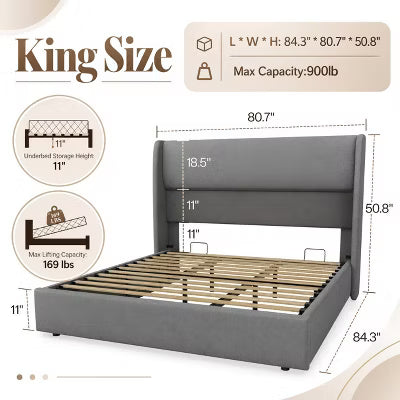 AMERLIFE King Upholstered Lift-Up Storage Bed with Wingback Headboard, Light Grey