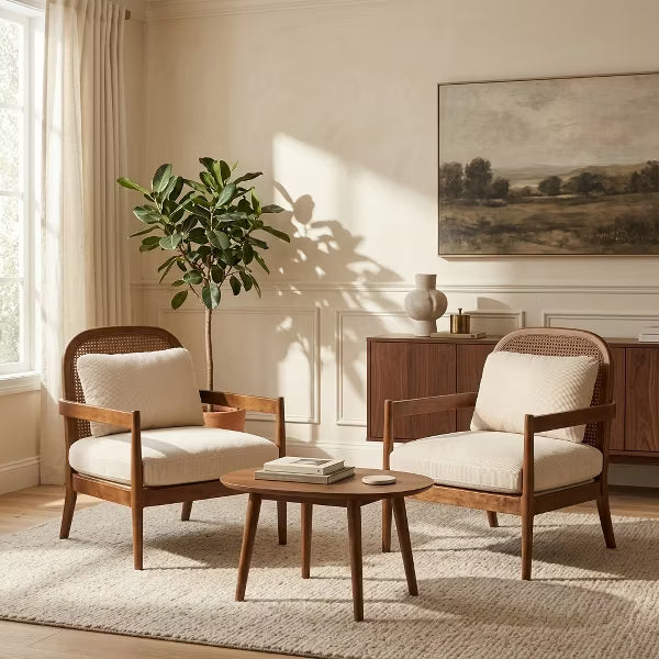 LauKingdom Set of 2 26.6" Mid-Century Modern Accent Chairs, Light Brown Solid Wood Frame, Rattan Backrest, Beige Cushions for Living Room Reading Nook