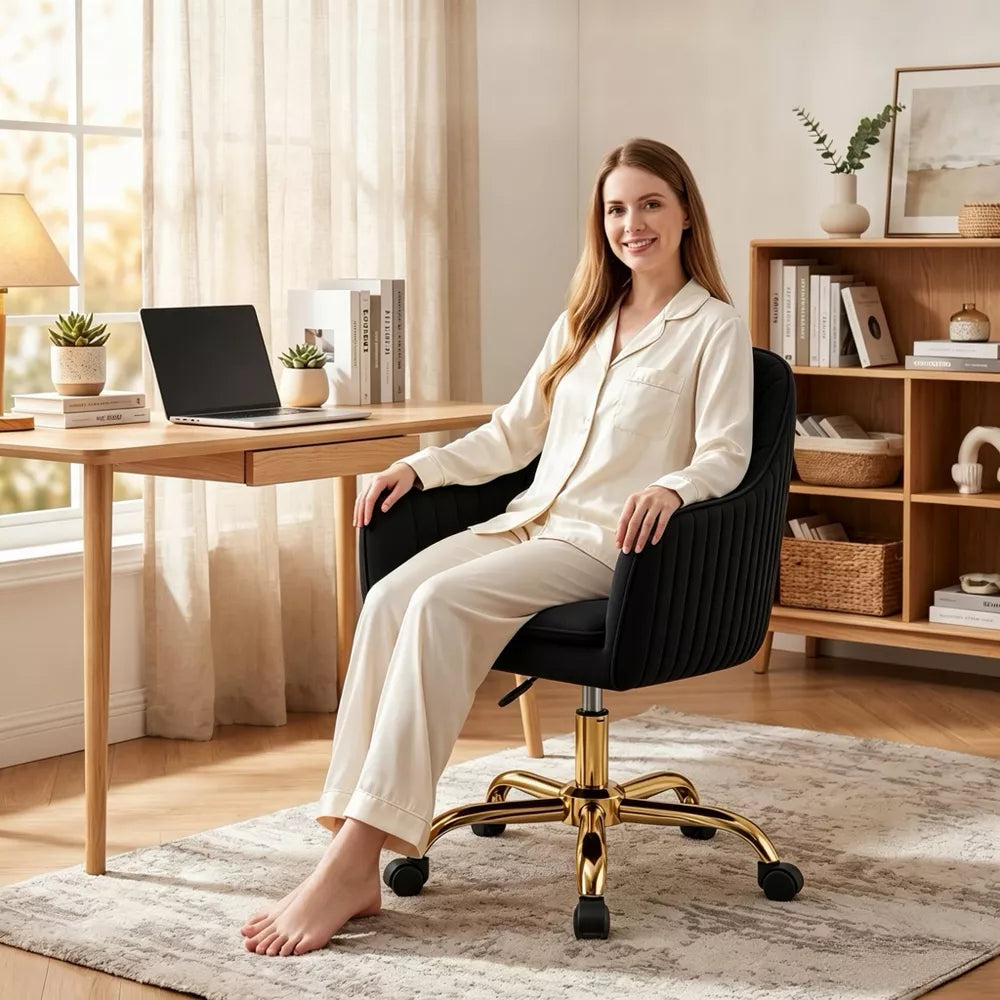 Modern Swivel Desk Chair with Wheels, Height Adjustable Vanity Chair, Upholstered Accent Office Chair with Gold Base for Bedroom, Home Office, Black