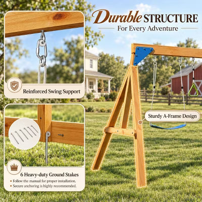 AMERLIFE Wooden Outdoor Swing Set with Wave Slide, Climbing Wall and Play Deck
