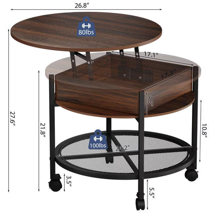 Karl Home Lift Top Round Coffee Table with RGB LED Lights and Lockable Casters for Living Room