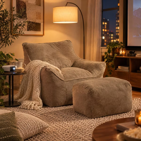 Soft Bean Bag Chair & Ottoman Set of 2, Tufted Lounge Recliner & Accent Chair for Adults and Kids, Lazy Sofa for Bedroom, Living Room, Dorm, Apartment