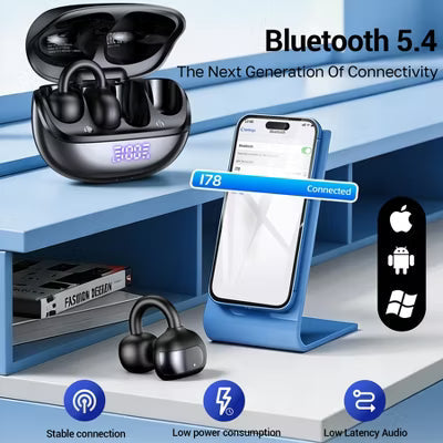Open Ear Wireless Earbuds, Bluetooth 5.4, Clip-On Design, 60H Playtime with Case, ENC Clear Calls, 3D Sound, IPX7 Waterproof for Running/Workout