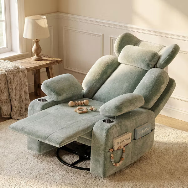 TYBOATLE Chenille Manual Rocker Recliner Chair - Turquoise - Adjustable Headrest & Armrests for Nursing