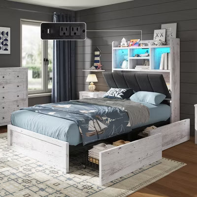 AMERLIFE Twin LED Bed with 4 Storage Drawers, Bookcase Headboard and Charging Station, Rustic White