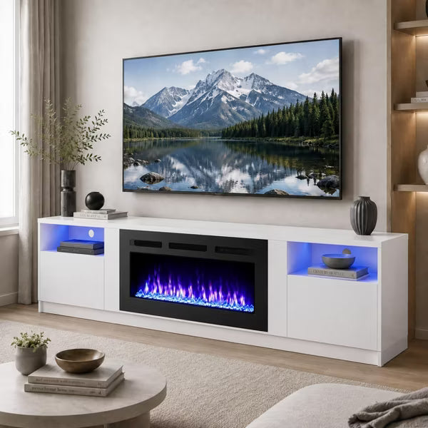 Garvee 80" TV Stand with 36" Elec. Fireplace, 12 Flame, 1500W, for 90" TVs, White