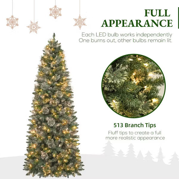 VIVATREES 6ft Prelit Christmas Tree Artificial Pine Needles Pencil Warm White LED Lights Metal Stand Hinged Branches for Holiday Decor