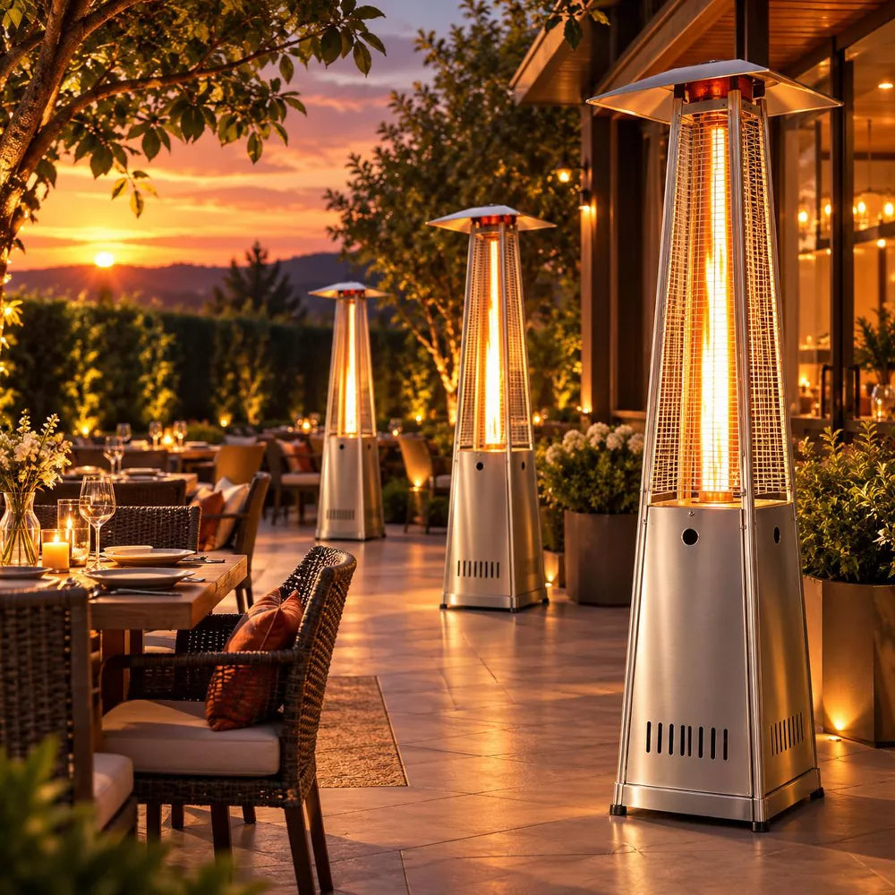 LAUSAINT HOME 48000 BTU Pyramid Patio Heater All Stainless Steel with Quartz Glass Tube Tip Over Protection Cover and Wheels