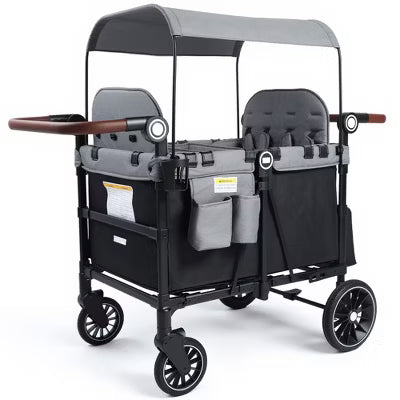 Kinder King Stroller Wagon for 4 Kids, All-Terrain Wheels, Canopy, Snack Tray, Adjustable Handle & Storage Bag, Black & Gray