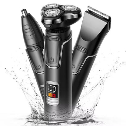 Hoey 3-in-1 Electric Shaver for Men, Rechargeable Wet & Dry Beard & Nose Hair Trimmer Kit, IPX7 Waterproof & LED