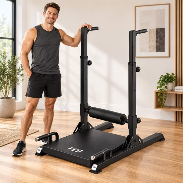 FED FITNESS Multi-Function Hip Thrust Machine with Adjustable Dip Bars, Padded Roller and Push-Up Handles, Glute Trainer for Home Gym