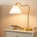 Brass Table Lamp for Bedroom&Living room with Fabric Shade, Curved Metal Base Bedside Lamp for Nightstand, Dorm&Apartment Essentials