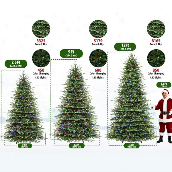 VIVATREES 12ft Prelit Artificial Christmas Tree With Dual Color 10 LED Lights Modes Metal Stand Hinged Branches Realistic Pine for Holiday