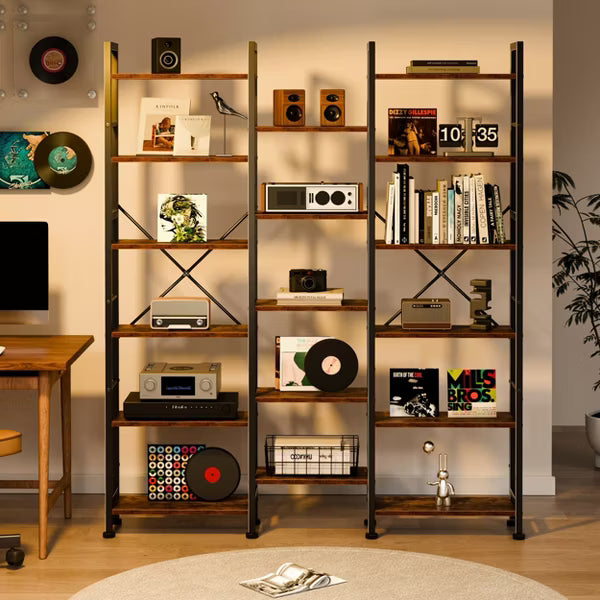 Qwatto Brown 6 Tier Bookshelf 17 Open Display Shelves Wood Metal Storage Organizer Industrial Wide Shelving Unit Freestanding Etagere in Home Office
