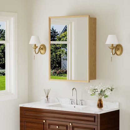 20"x28" Wall Mounted Mirror Cabinet, Functional Bathroom Storage with Oak Wood Frame and Adjustable Shelves