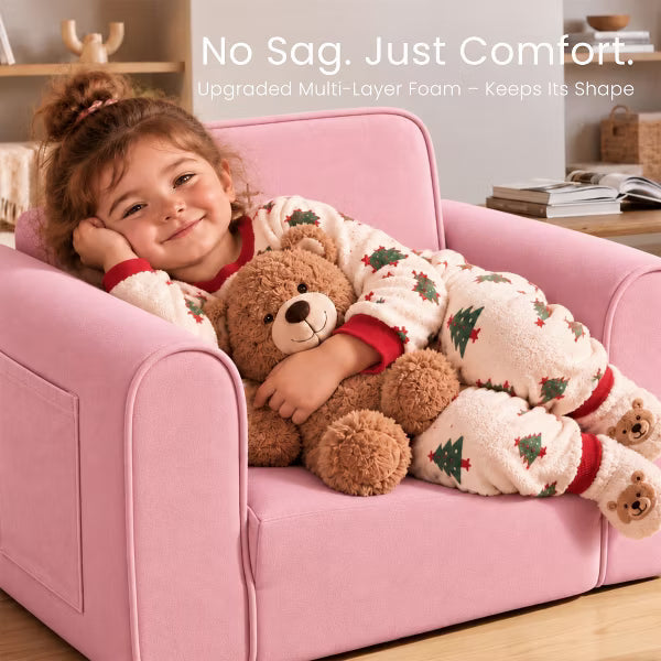 Kinder King 2-in-1 Kids Couch, Fold-Out Toddler Sofa Chair for Reading, Lounging & Playroom Use, Pink
